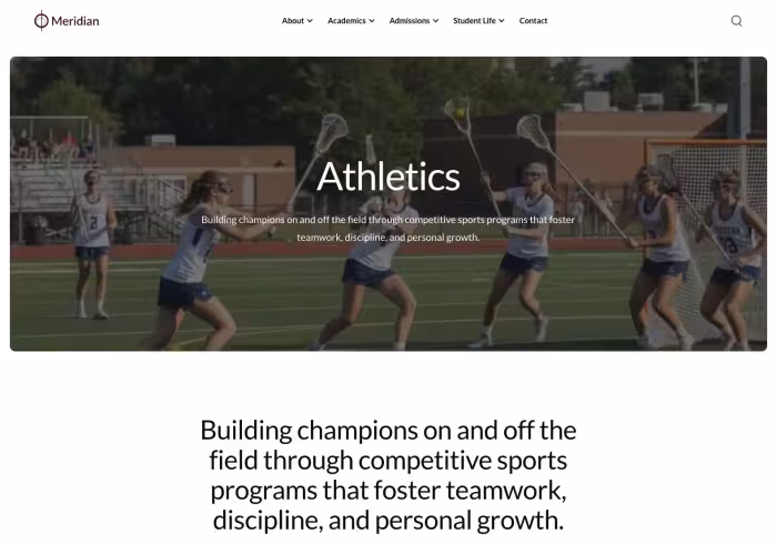 Athletics page hero section featuring school sports programs