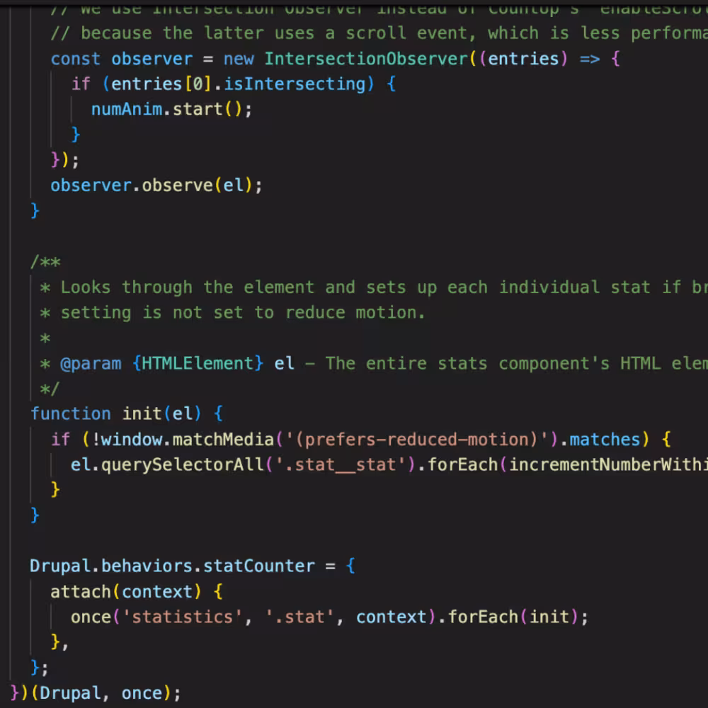 Code editor showing well documented JavaScript