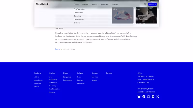 Neonbyte article showing megamenu and footer
