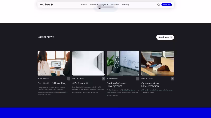 Neonbyte homepage showing cards