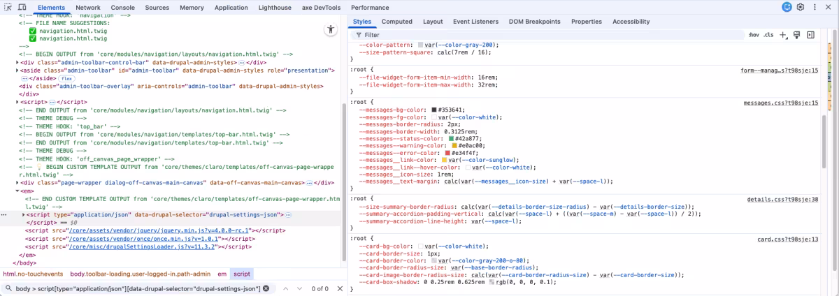 Elements panel scrolled down to show the drupalSettings script inside of an <em> tag
