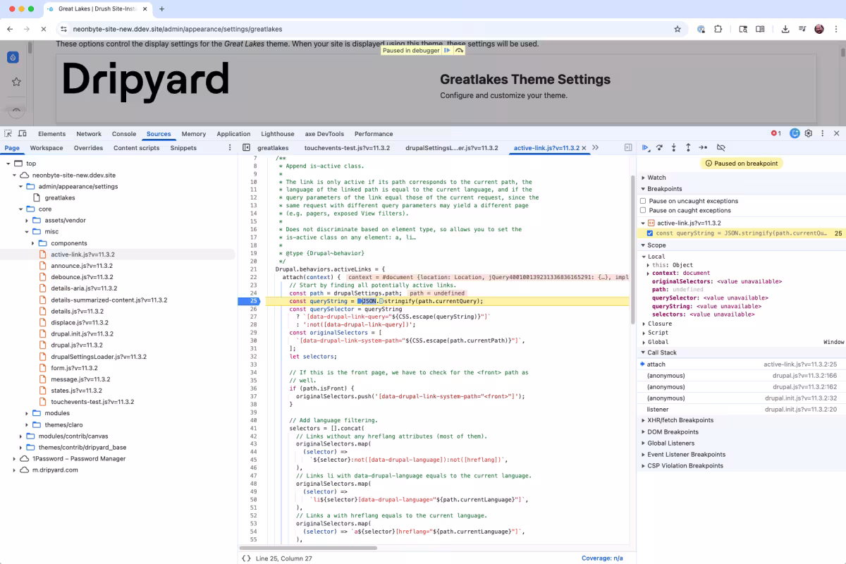Sources panel of DevTools showing the debugger stopped within active-link.js