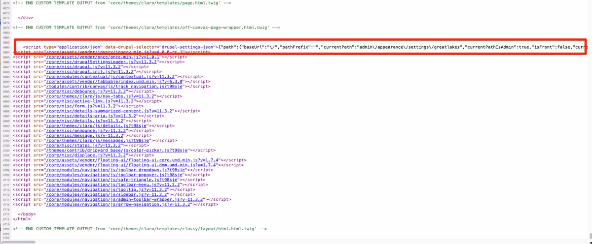 View of the source code with the drupalSettings script highlighted. 