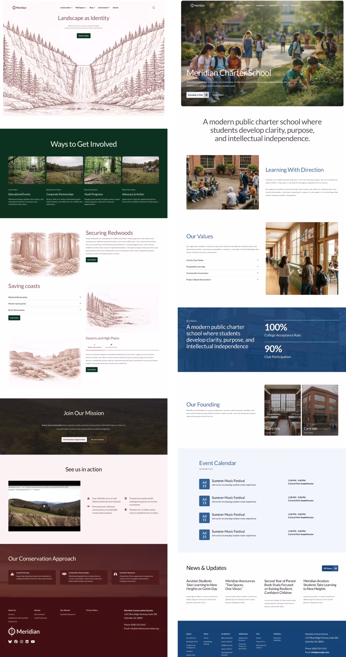 Two screenshots of Meridian showing off two radically different styles